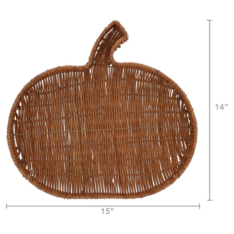 Fall Rattan Pumpkin-Shaped Decorative Tray 15 Inch for Seasonal Display