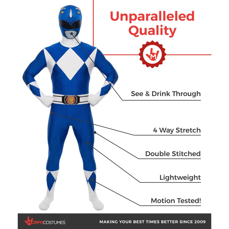 Adult Blue Power Ranger Morphsuit Costume L - Superhero Fancy Dress