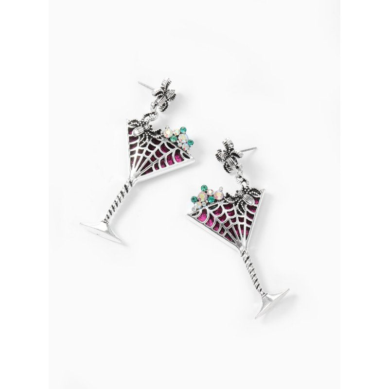 Spooky Cocktail Halloween Earrings - Velvet Heart Spiderweb Studs - Fall Party Accessory