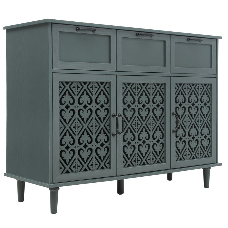 Retro Hollow-Carved 3 Door 3 Drawer Sideboard Cabinet - Dark Green