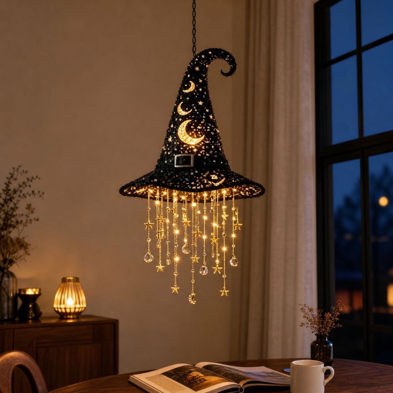 Lighted Witch Hat Hanging Decor - Moon Variation with Star Garland, Warm LED, Black Mesh, Halloween Outdoor Indoor