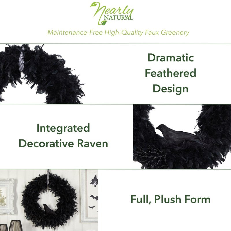 Halloween Raven Feather Wreath - 30 Inch Artificial Fall Decor