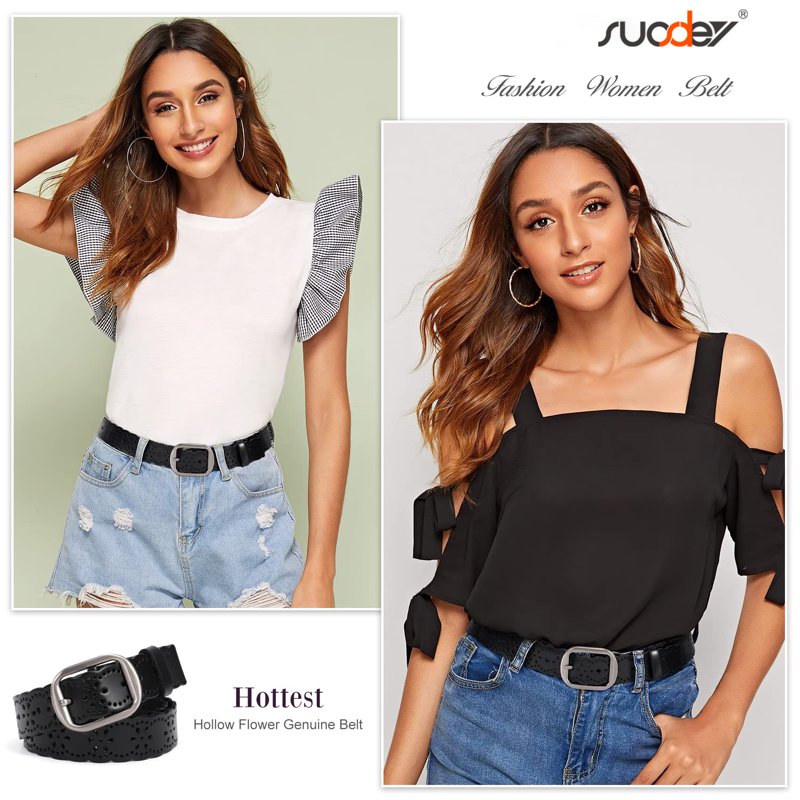 Women's Hollow Flower Leather Belt for Jeans & Dresses - Black, Fit 25-51 Inch, Variation: Black (51-57 Inch)