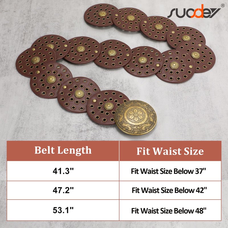 Brown Wide Leather Western Belt for Women - Boho Concho Disc Style, Up to 37"