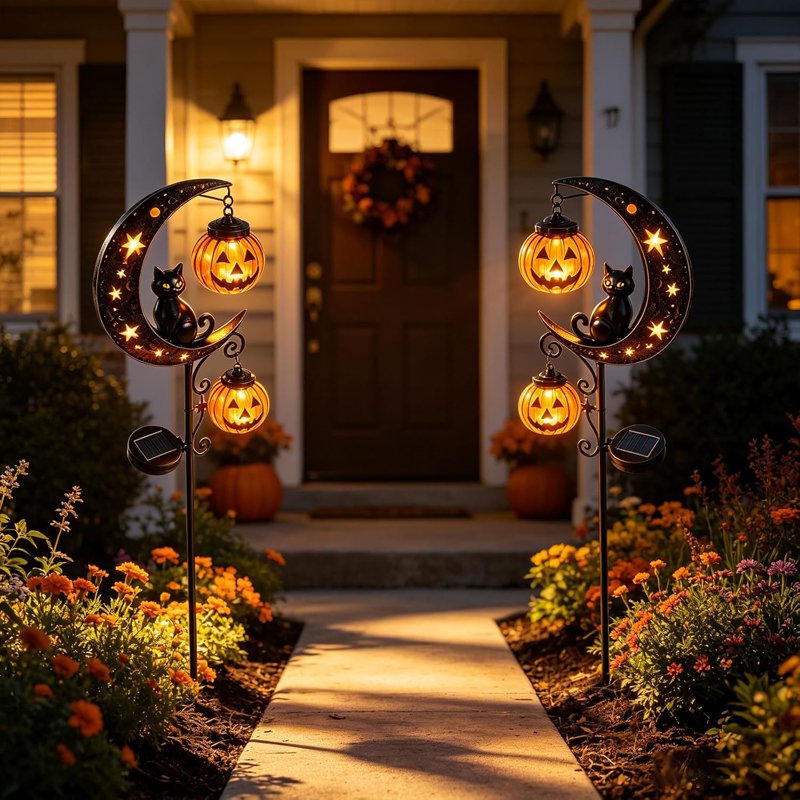 Solar Halloween Black Cat & Pumpkin Moon Garden Stake Light - 2PCS Outdoor Waterproof Decor