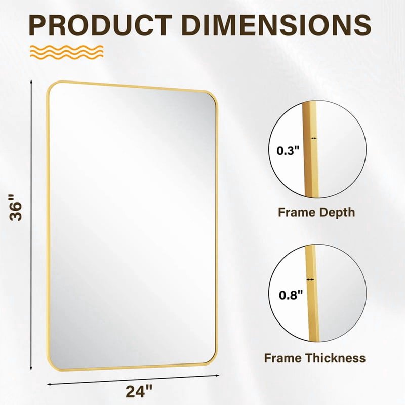 Bathroom Mirror 36x24 Inch Wall Mounted Rectangular Vanity Mirror with Rounded Corners - Gold - Easy4Home