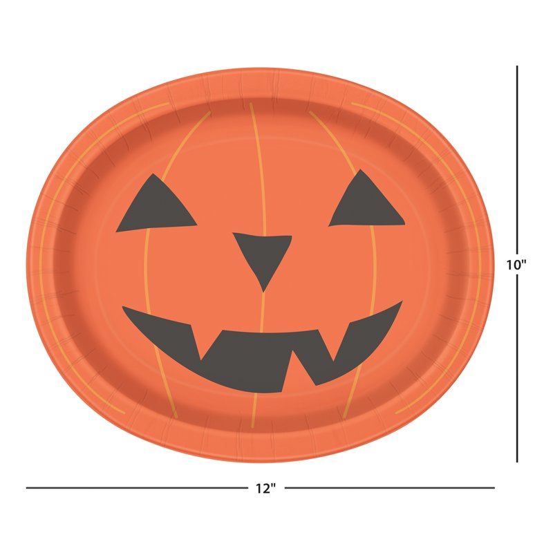 Halloween Smiling Pumpkin Oval Paper Plates - 12x10 Inch, Pack of 8