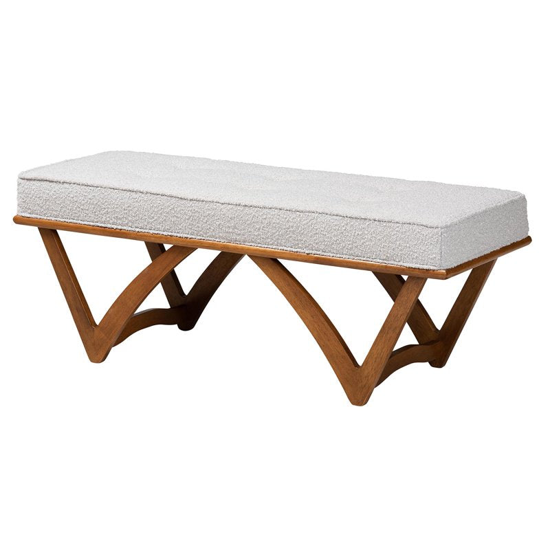 Japandi Light Grey Boucle Fabric Bench with Walnut Legs