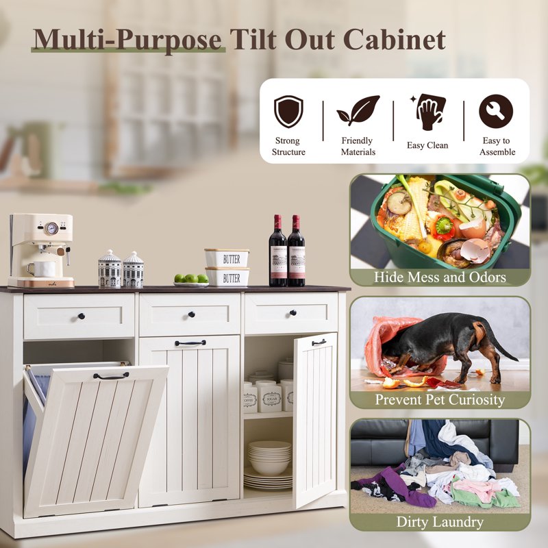 Triple Tilt Out Trash Can Cabinet - 20 Gallon Farmhouse Style - White