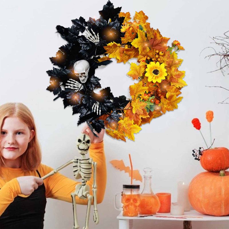 Halloween Wreaths for Front Door - Skeleton Maple Leaf Design - Variation B