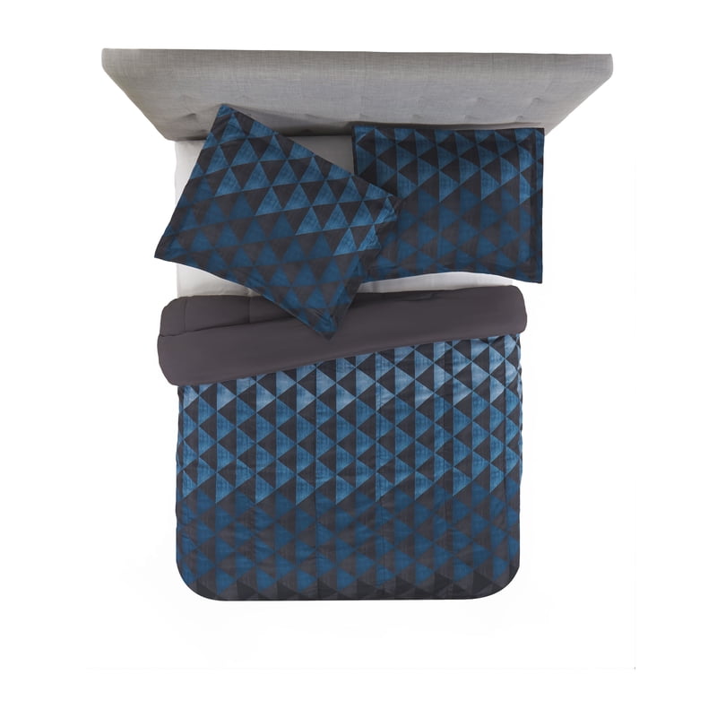 Full/Queen Comforter Set with Shams - Geometric Triangle Pattern in Gray, Black, Blue - Your Zone Next Generation