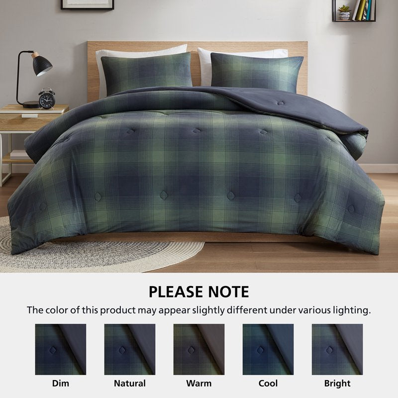 Mainstays Green Shadow Plaid Comforter Set - Full/Queen, 3-Piece Bedding