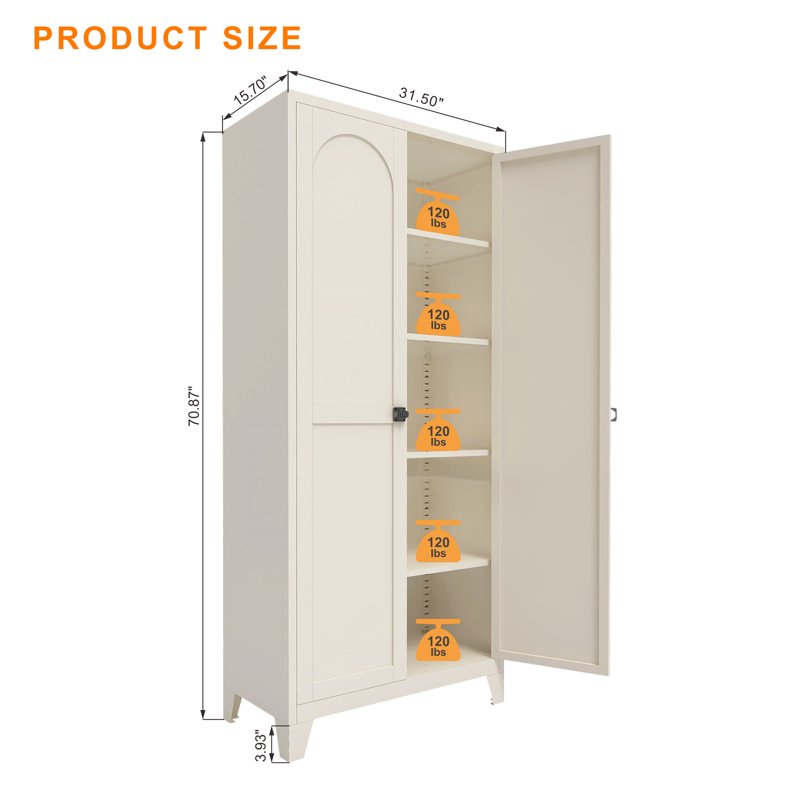 71" Locking Metal Storage Cabinet with Adjustable Shelves - White