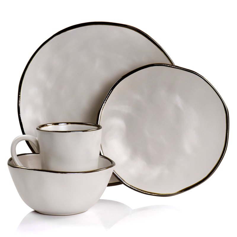 16 Piece Stoneware Dinnerware Set - Matte White with Gold Rim