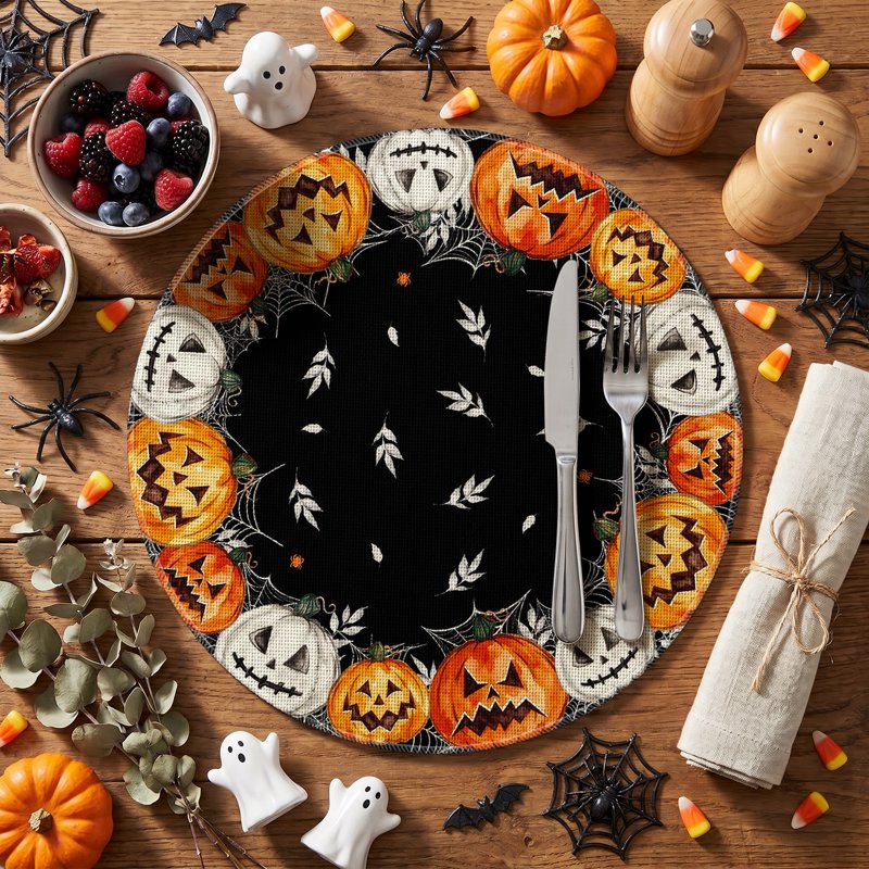 Halloween Placemats Set of 4 - Jack-O'-Lantern Spider Web Round 15 Inch Black G