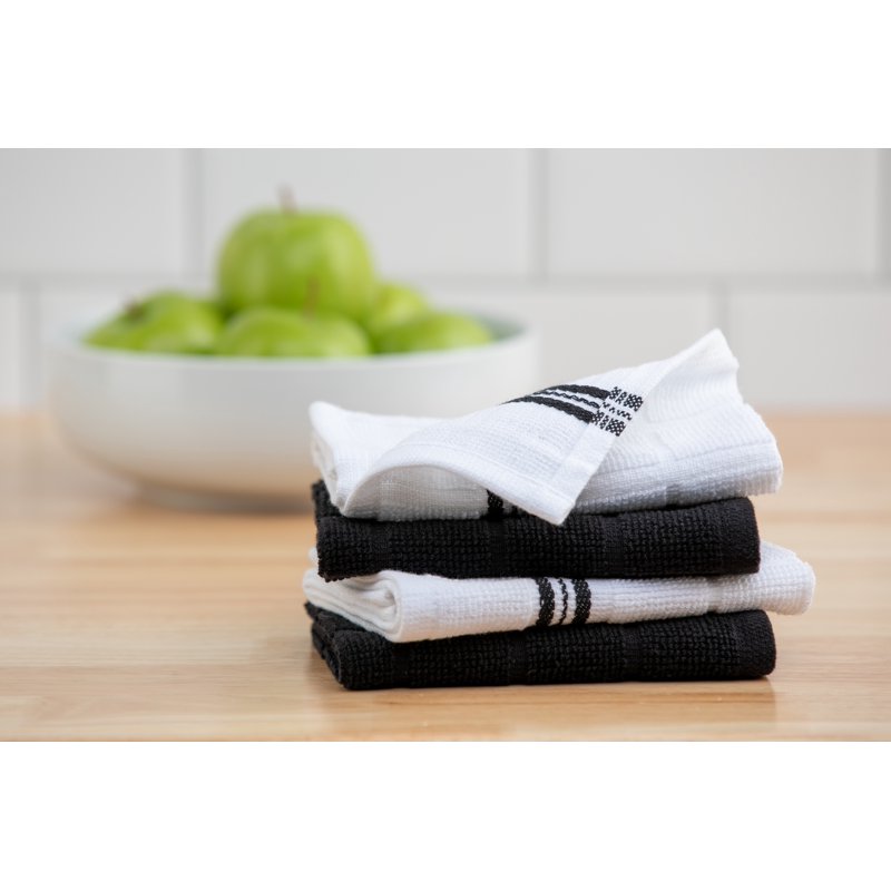Cotton Dishcloths - 4 Pack, 12x12 Inches, Black Stripes