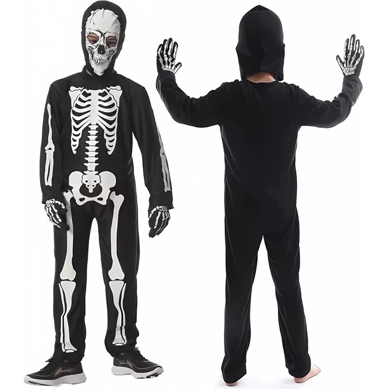 Kids Skeleton Halloween Costume Set - Glow in The Dark Onesie with Mask & Gloves, 4-5 Years