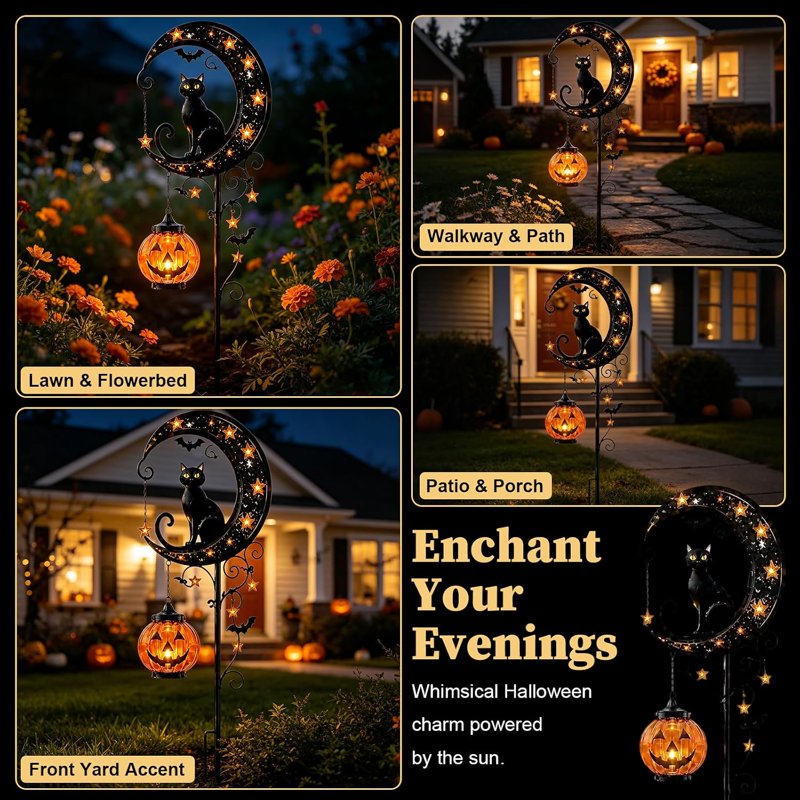 Solar Halloween Black Cat & Pumpkin Moon Garden Stake Light - Waterproof Metal Decor - Variation A