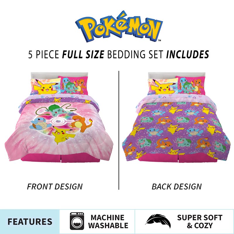 Pokemon Kids Reversible Comforter Bed in a Bag - Full Size, Purple Pink Tie Dye