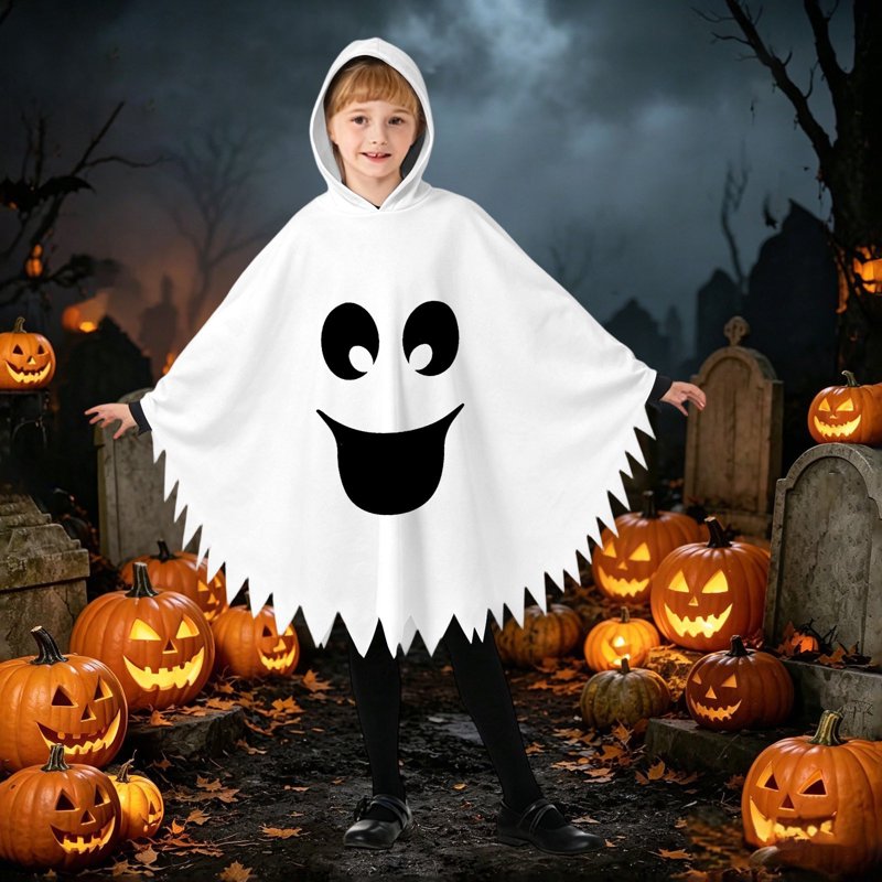 Kids Halloween Costume Ghost Face Cape - Unisex Hooded Dress Up, White, 7-9 Years
