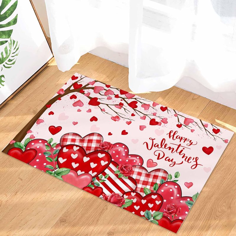 Valentine's Day Heart Tree Entrance Doormat - Pink Welcome Rug 30x18 inch, Non-Slip Indoor Entryway Decor