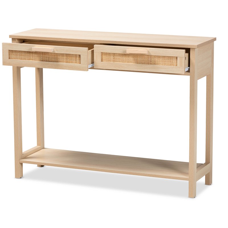 Mid-Century Modern Console Table with Rattan Accents - Light Brown