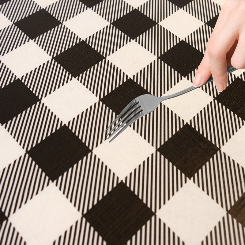 Elastic Fitted Vinyl Table Cover - Waterproof Flannel Backing, 72" x 30", Gingham Black, 2 Pack