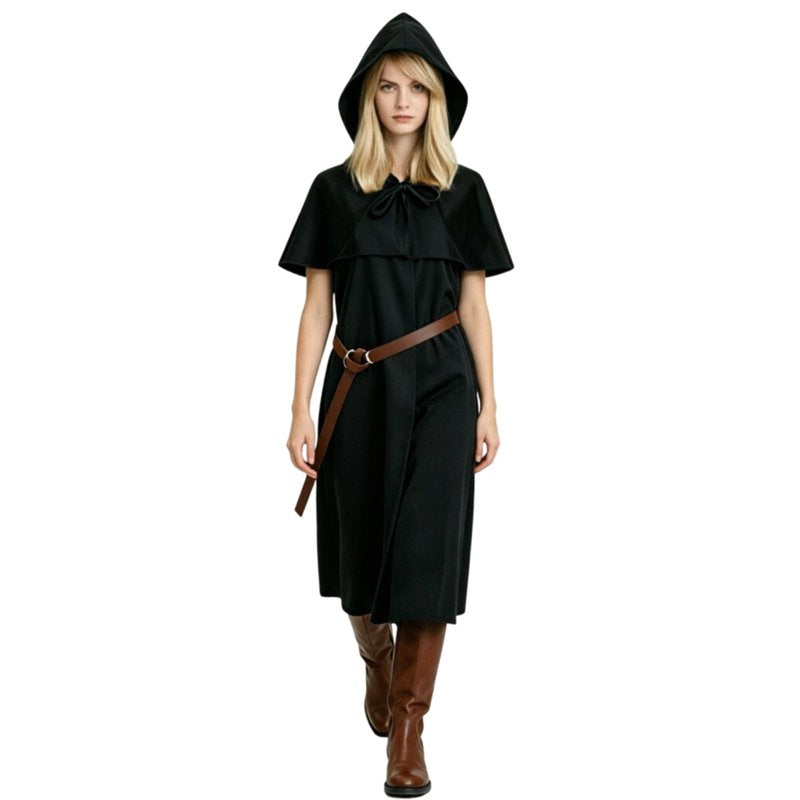 Medieval Monk Robe Hooded Cloak with Belt 2-Piece Costume Set Black XXL - Renaissance Halloween Cosplay