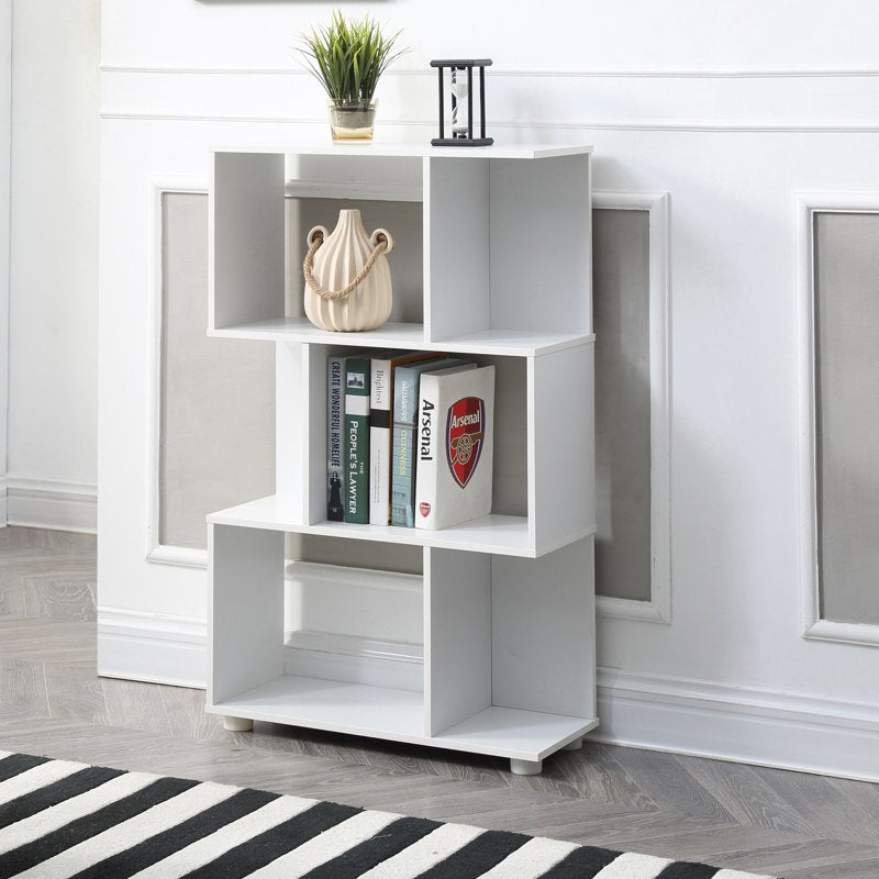 Modern Staggered 3-Shelf Bookcase - White Storage Solution