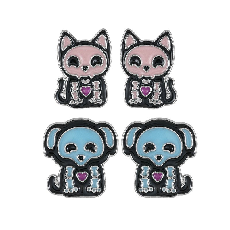 Halloween Skeleton Pet Clip-On Stud Earrings - 2 Pairs Spooky Costume Jewelry