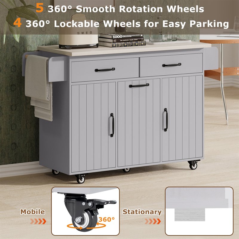 Rolling Kitchen Island Cart with Trash Can & Drop Leaf - Grey