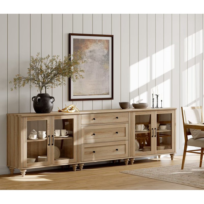 3-in-1 Kitchen Storage Cabinet with Glass Doors & Drawers - Oak