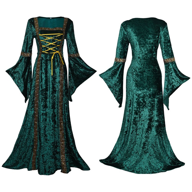 Medieval Renaissance Dress Women Velvet Costume - Green XL - Halloween Cosplay
