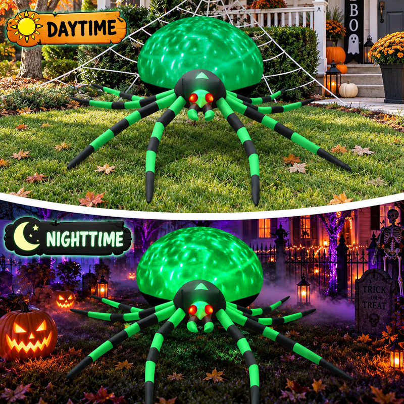8FT Green Halloween Inflatable Giant Spider with Disco Lights for Yard Decor