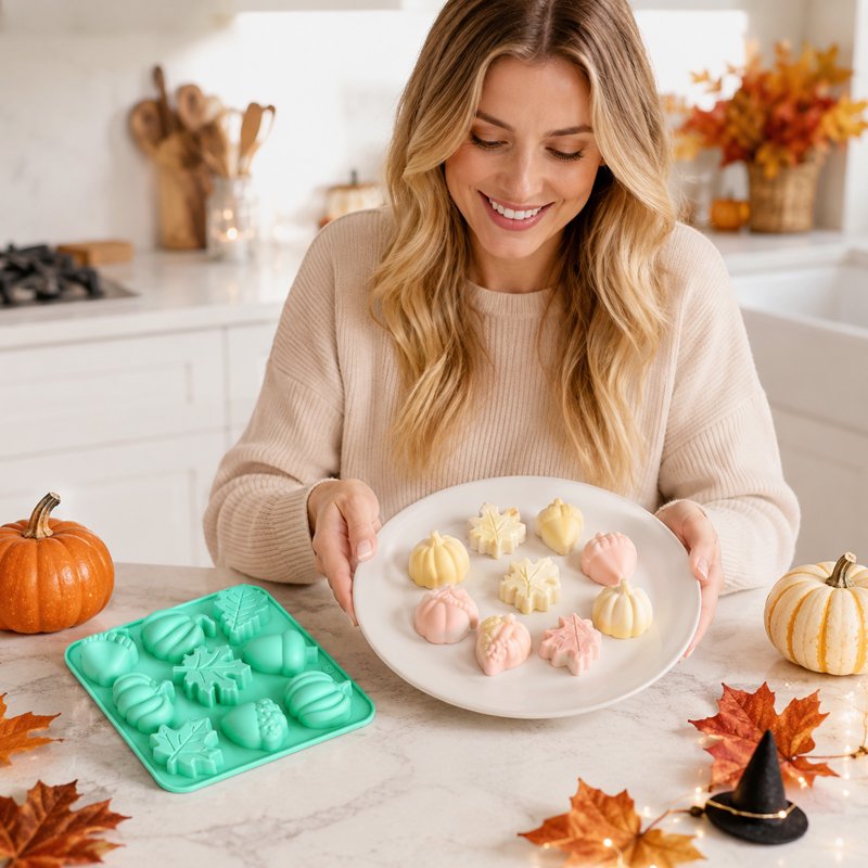 Pink Autumn Pumpkin Maple Leaf Acorn Silicone Mold, 9-Cavity Fall Baking & Craft