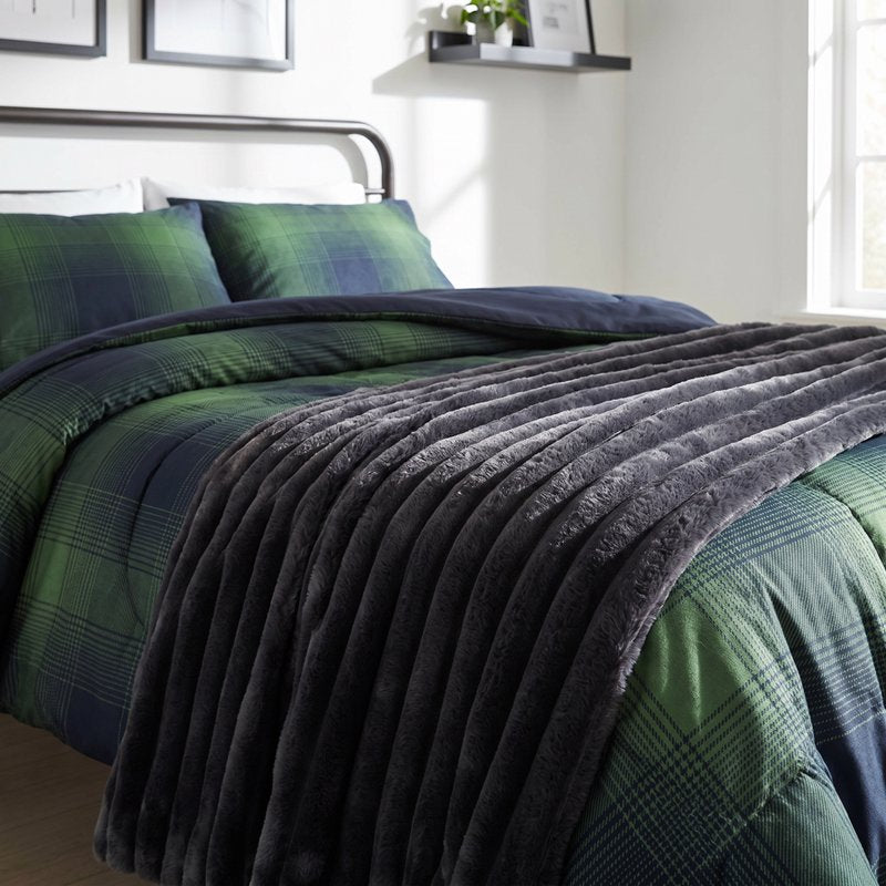 King Faux Fur Blanket with Channel Texture - Greystone, 102 x 90 in - Reversible Plush Throw