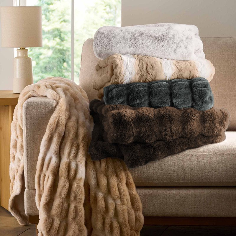 Better Homes & Gardens Gray Ruched Faux Fur Throw Blanket - Reversible 50 x 72 Inches