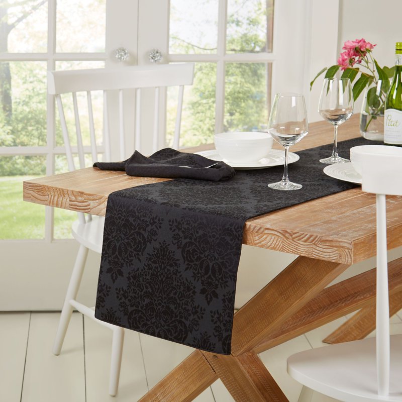 Lexington Table Runner 15"x72" - Stain Resistant Black Damask