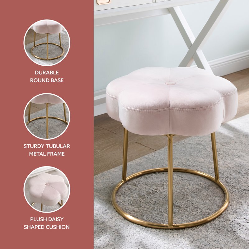 Boho Floral Plush Velvet Stool - Light Pink with Gold Base