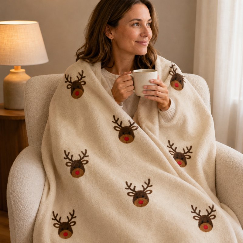 Reindeer Head Flannel Throw Blanket - 59x39in Rustic Christmas Decor