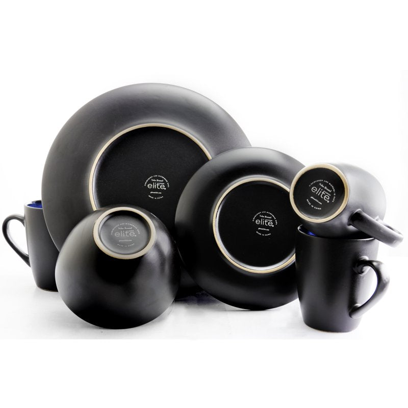 16-Piece Round Dinnerware Set - Blue Stoneware with Reactive Glaze