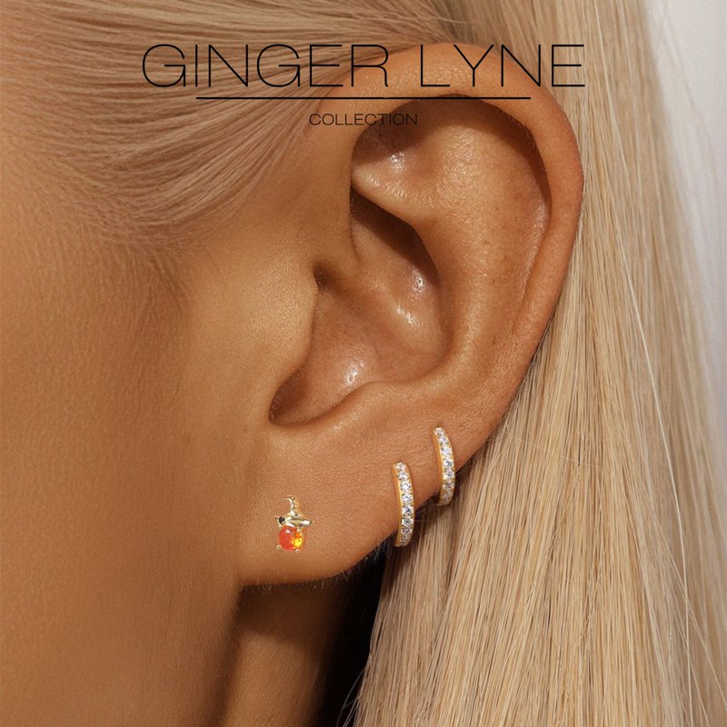 Halloween Witch Hat Earrings for Women - Orange CZ Stud Silver 14K Gold Plated