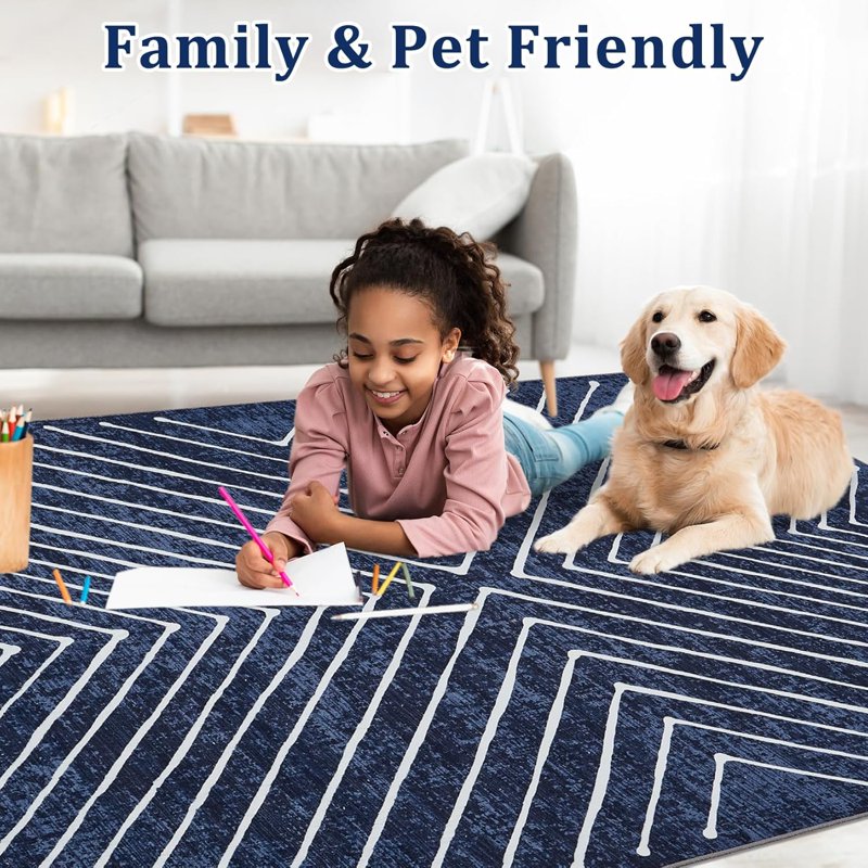 Blue 9x12 Non-Slip Modern Geometric Area Rug for Living Room Bedroom