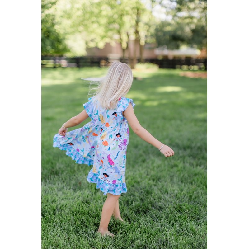 Blue Mermaid Print Girls Dress and Shorts Set - 3T-12, Variation of 10