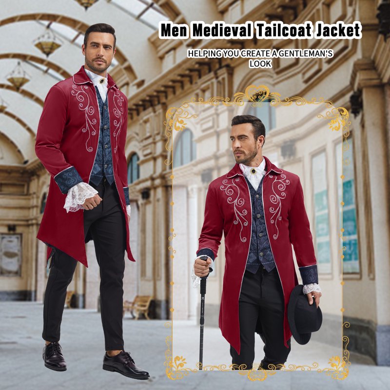 Medieval Steampunk Tailcoat for Men Gothic Victorian Frock Coat - Red XXL