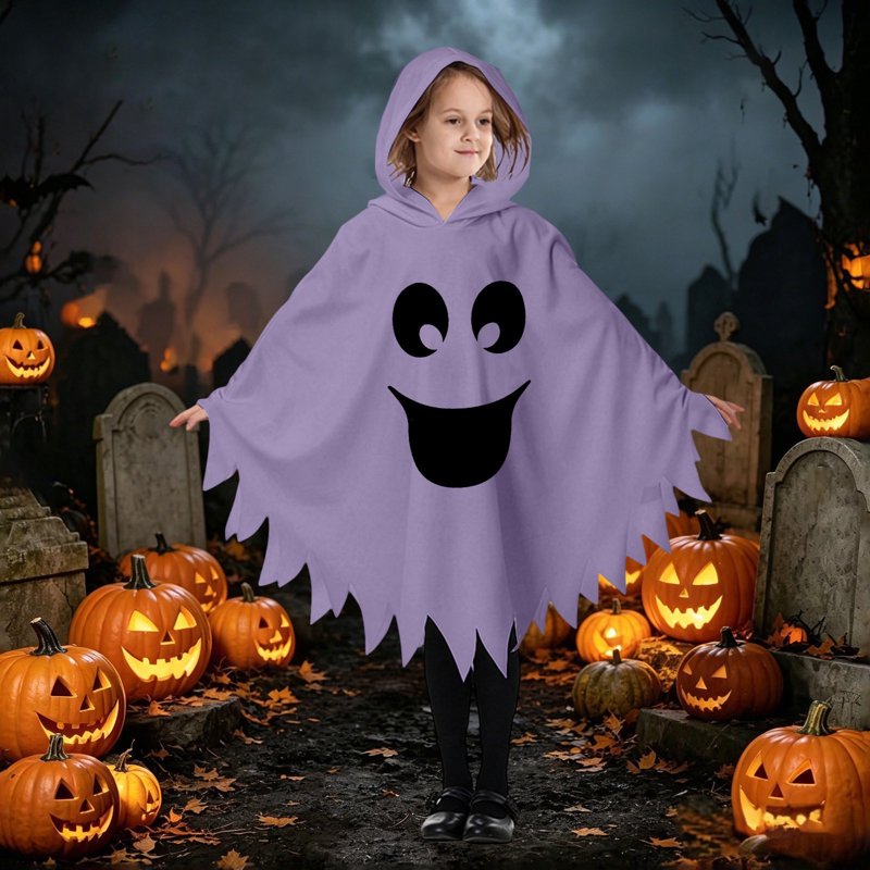 Kids Halloween Ghostface Costume Cape with Hood - Unisex Dress Up Clothes for 7-9 Years, Purple