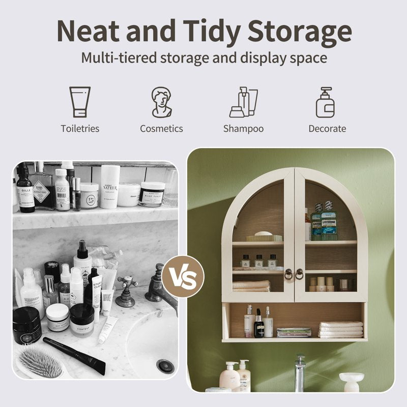 Bathroom Medicine Cabinet with Glass Doors - Cream Wall Mount Arched Storage