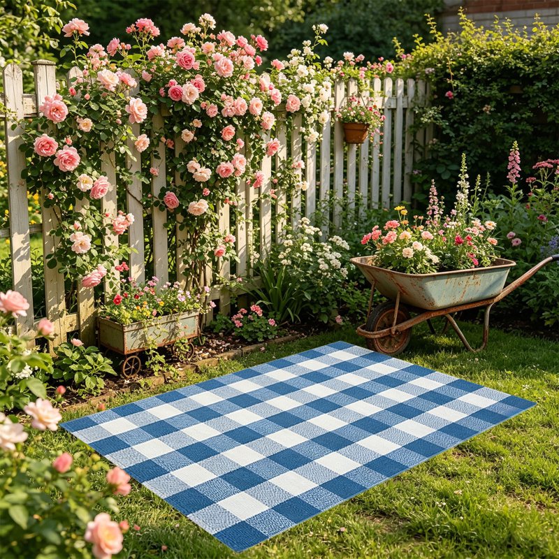 Large Thanksgiving Plaid Doormat - Blue Layered Entry Rug, Washable 19.6x31.5in