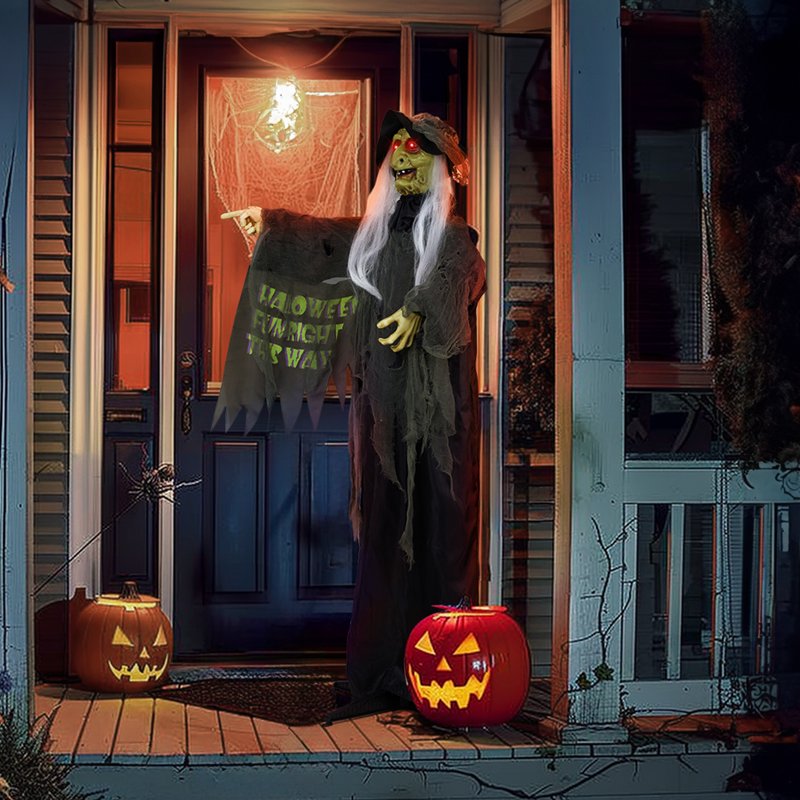 6 Ft Life Size Witch Halloween Decoration - Animated Sound & Motion Activated Outdoor Display