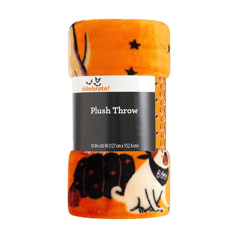 Dogs and Pumpkins Plush Couch Throw Blanket - Halloween Decor, 50 x 60 in, Orange